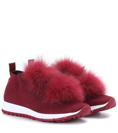 Shop Jimmy Choo Norway Fur-trimmed Sneakers In Red