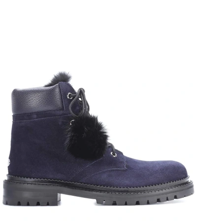 Shop Jimmy Choo Elba Flat Fur-lined Suede Boots In Blue