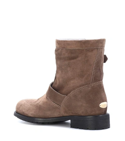 Shop Jimmy Choo Youth Fur-lined Suede Ankle Boots In Brown