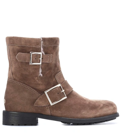 Shop Jimmy Choo Youth Fur-lined Suede Ankle Boots In Brown