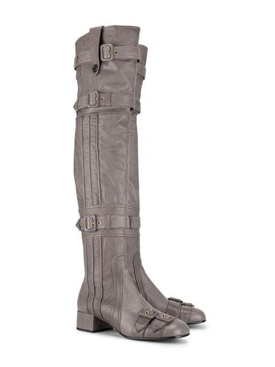 Shop Prada Grey Buckle Leather Thigh Boots