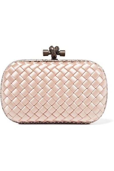 Shop Bottega Veneta The Knot Watersnake-trimmed Intrecciato Satin Clutch