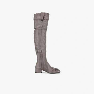 Shop Prada Grey Buckle Leather Thigh Boots