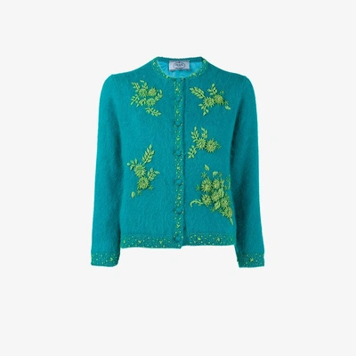 Shop Prada Angora And Silk Floral Embroidered Cardigan In Blue