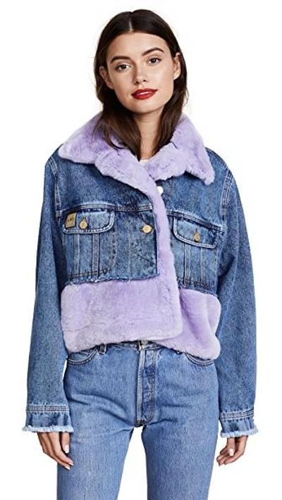 Shop Natasha Zinko Denim Fur Cropped Jacket In Denim/lilac