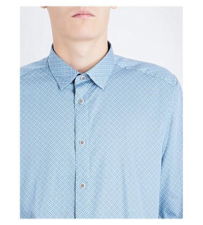 Shop Ted Baker Larosh Geometric-pattern Regular-fit Cotton Shirt In Blue