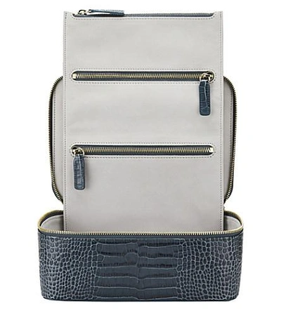 Shop Smythson Mara Crocodile-printed Calf Leather Square Jewellery Pouch In Storm Blue