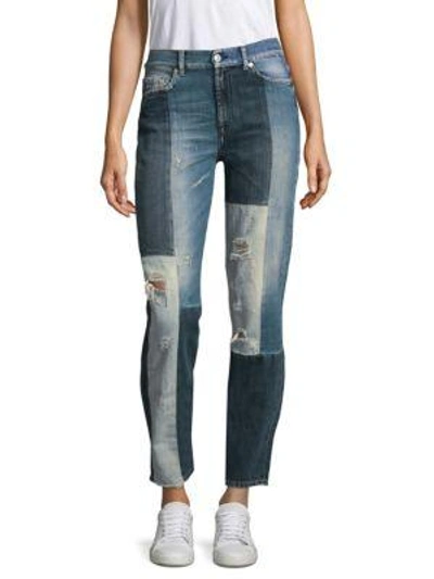 Shop 7 For All Mankind Distressed Patchwork Jeans In Indigo Patches