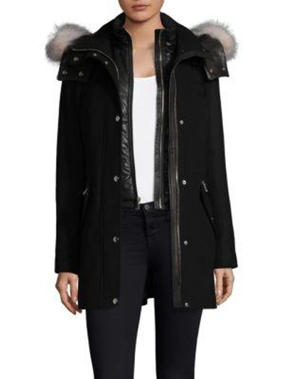 Shop Andrew Marc Hooded Wool Dyed Fur-trim Parka In Black