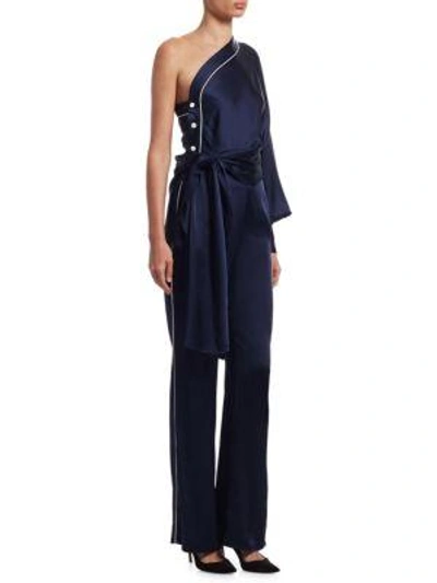 Shop Jonathan Simkhai One-shoulder Satin Jumpsuit In Midnight