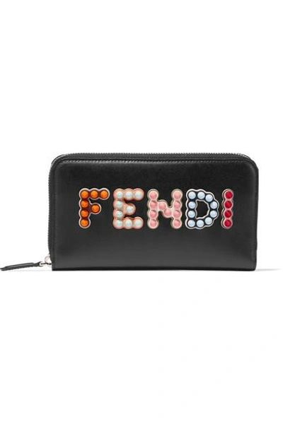 Shop Fendi Studded Appliquéd Leather Continental Wallet In Black