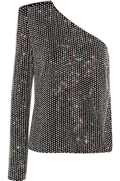 Shop Saint Laurent One-shoulder Crystal-embellished Velvet Top In Black