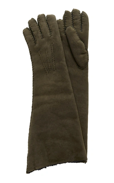 Shop Maison Fabre Suede And Shearling Long Gloves In Dark+green
