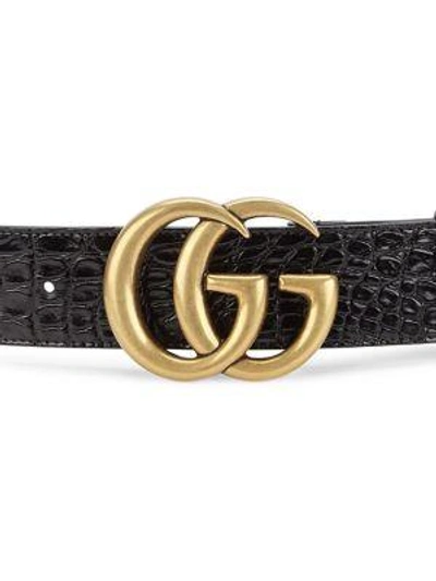 Shop Gucci Marmont Croco Embossed Leather Belt In Black