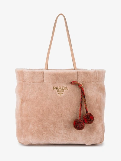 Shop Prada Pink Shopper Shearling Tote Bag In Nude/neutrals