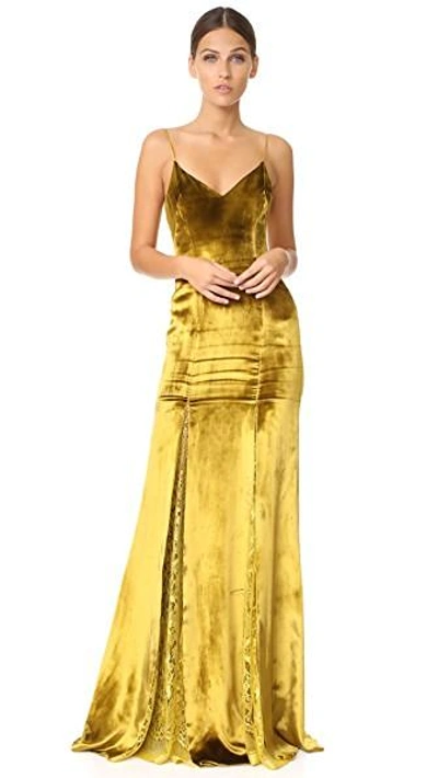 Shop Galvan Velvet & Lace Gown In Mustard