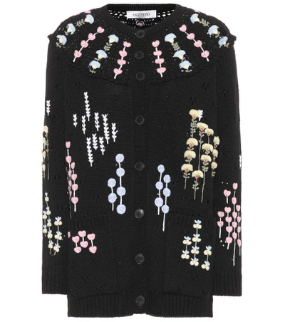 Shop Valentino Embroidered Wool Cardigan In Black