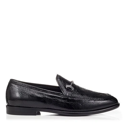 Shop Jimmy Choo Marti/f Black Crushed Patent Loafers With Crystal Piece