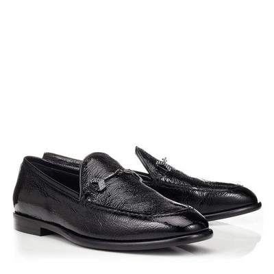 Shop Jimmy Choo Marti/f Black Crushed Patent Loafers With Crystal Piece