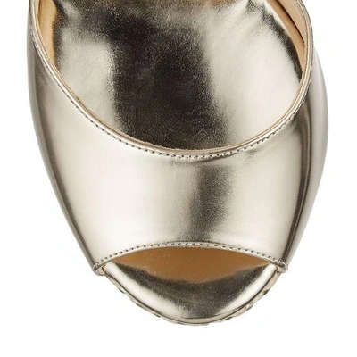 Shop Jimmy Choo Perla 120 Light Platinum Mirror Leather Cork Wedge Sandals With Braid Trim