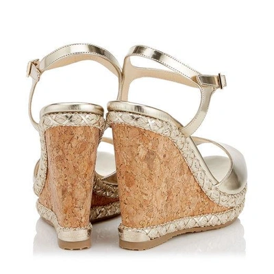 Shop Jimmy Choo Perla 120 Light Platinum Mirror Leather Cork Wedge Sandals With Braid Trim