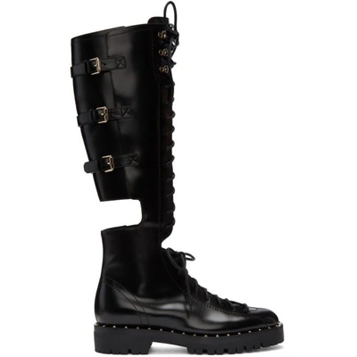 Shop Valentino Black  Garavani Soul Rockstud Knee-high Military Boots