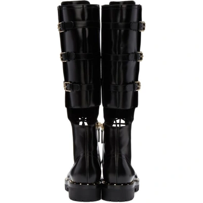 Shop Valentino Black  Garavani Soul Rockstud Knee-high Military Boots