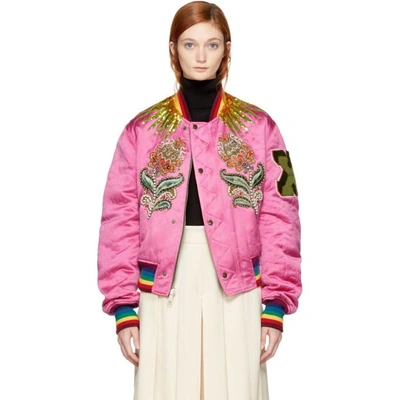Shop Gucci Reversible Pink & Green Quilted Tiger Bomber Jacket