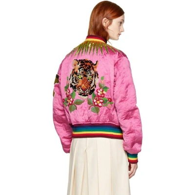 Shop Gucci Reversible Pink & Green Quilted Tiger Bomber Jacket