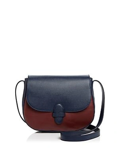 Shop Olivia Clergue Marisa Maxi Leather And Suede Saddle Bag In Navy/burgundy/gold