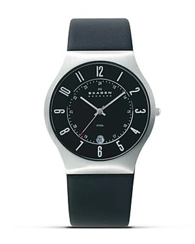 Shop Skagen Grenen Steel And Black Leather Watch, 37mm
