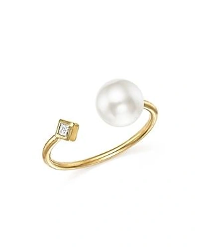 Shop Zoë Chicco 14k Yellow Gold Open Ring With Cultured Freshwater Pearl And Diamond