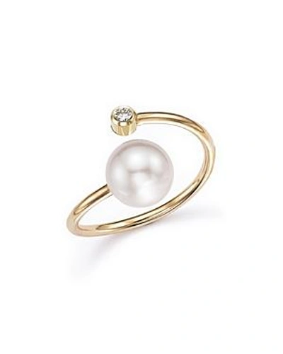 Shop Zoë Chicco 14k Yellow Gold Bypass Ring With Cultured Freshwater Pearls And Diamonds In White/gold