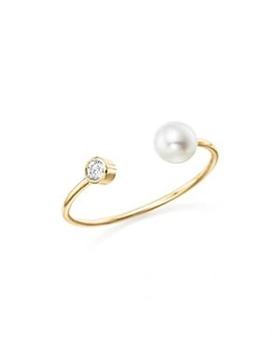 Shop Zoë Chicco 14k Yellow Gold Diamond Bezel And Cultured Freshwater Pearl Bypass Ring In White/gold