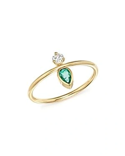 Shop Zoë Chicco 14k Yellow Gold Vertical Diamond & Gemfields Pear-cut Emerald Ring In Green/gold
