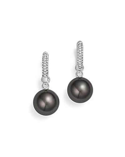 Shop Tara Pearls 18k White Gold Cultured Tahitian Black Pearl & Diamond Huggie Earrings In Black/white
