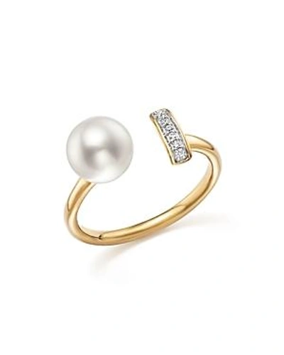 Shop Bloomingdale's Cultured Freshwater Pearl And Diamond Bar Bypass Ring In 14k Yellow Gold - 100% Exclusive In White/gold