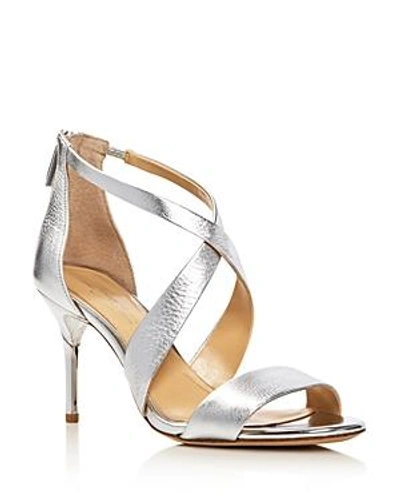 Shop Imagine Vince Camuto Pascal Metallic Crisscross High-heel Sandals In Platinum
