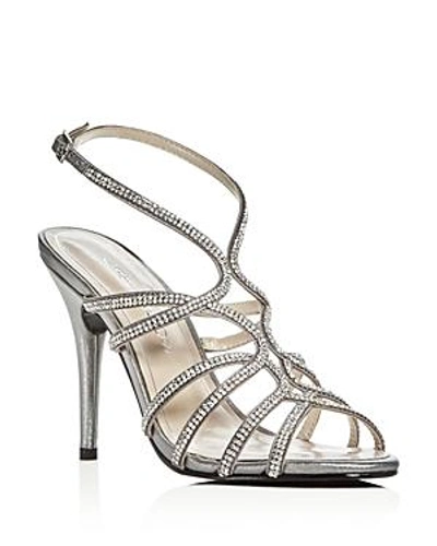 Shop Caparros Helena Embellished Satin High-heel Sandals In Pewter