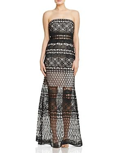 Shop Lm Collection Strapless Crochet Lace Gown In Black/nude