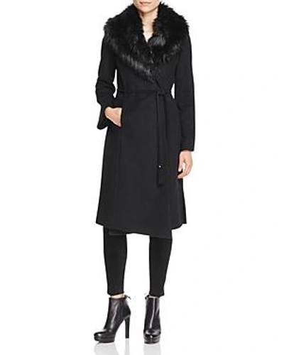Shop Via Spiga Belted Faux Fur-trim Wrap Maxi Coat In Black