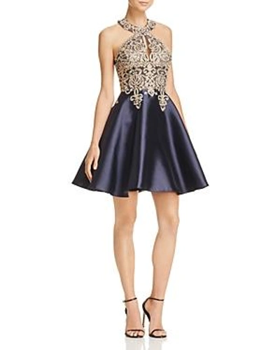 Shop Avery G Embroidered Fit-and-flare Dress In Navy/gold