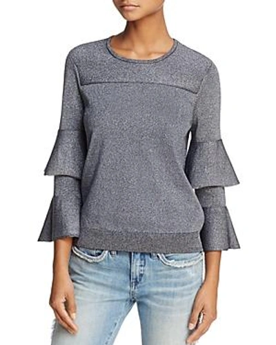 Shop Parker Jayla Tiered Fluted-sleeve Sparkle Sweater In Gunmetal