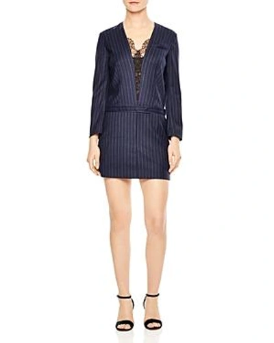 Shop Sandro Enora Striped Lace-trimmed Mini Dress In Navy Blue