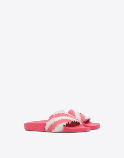 Shop Valentino Slide Sandal With Feathers In Bright Pink
