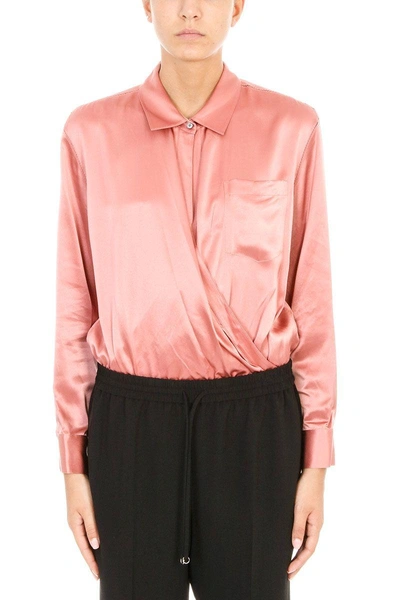 Shop Alexander Wang T Silk Charmeuse Long Sleeve Wrap Front Bodysuit In Rose-pink