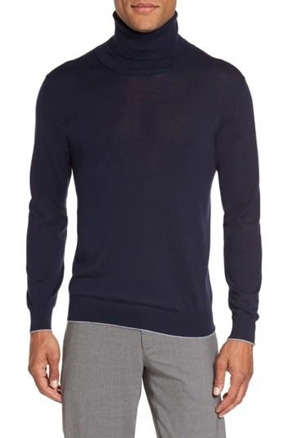 Shop Eleventy Solid Wool & Silk Turtleneck Sweater In Navy