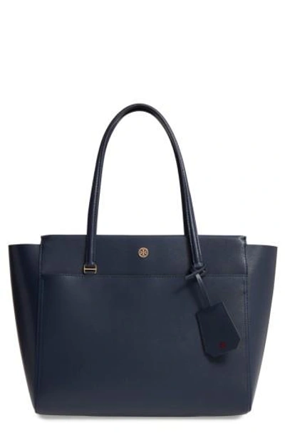 Shop Tory Burch Parker Leather Tote - Blue In Tory Navy/ Samba
