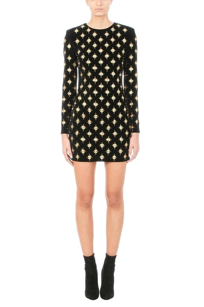 Shop Balmain Crystal And Eyelet-embellished Velvet Mini Dress In Black