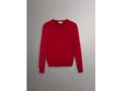 Shop Burberry Check Detail Merino Wool Sweater In Parade Red
